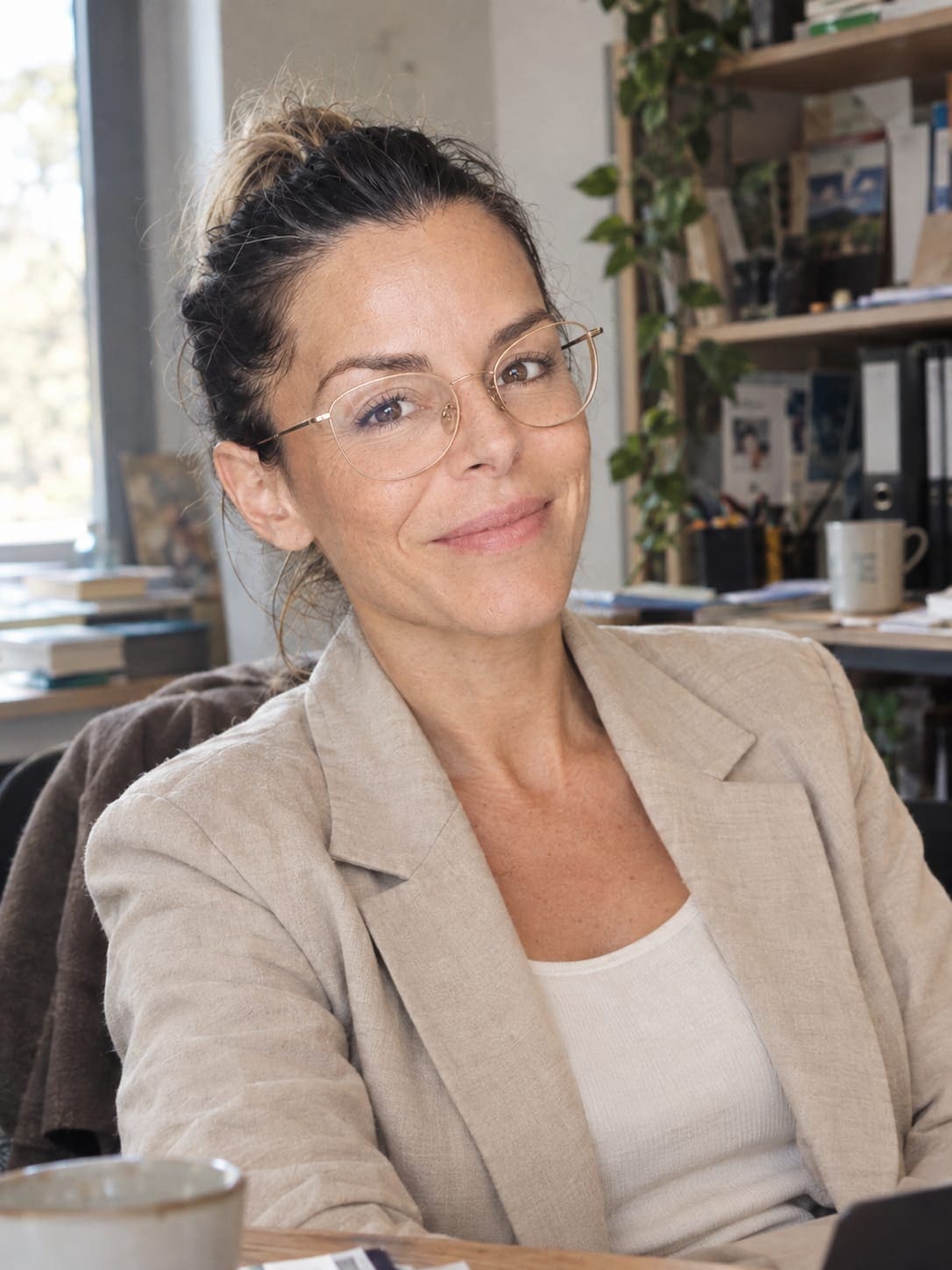 Melanie Bauer mit Brille im hellen Blazer am Schreibtisch, hinter ihr ein Regal mit Pflanzen