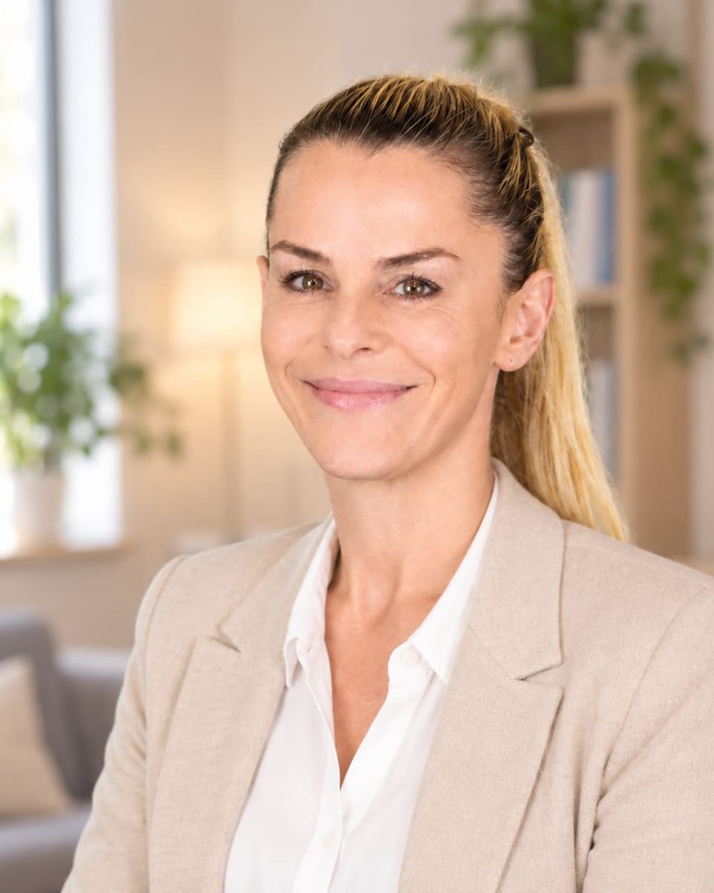 Portrait von Melanie Bauer mit blondem Pferdeschwanz und hellem Blazer